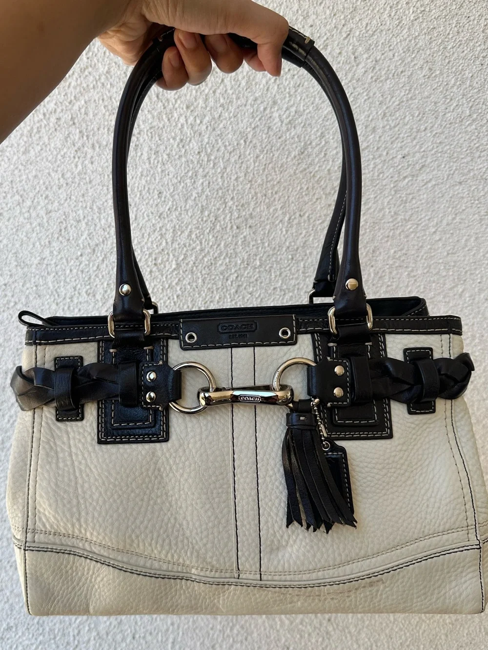 Coach Two-Tone Leather Satchel in Cream and Black with Braided Trim
